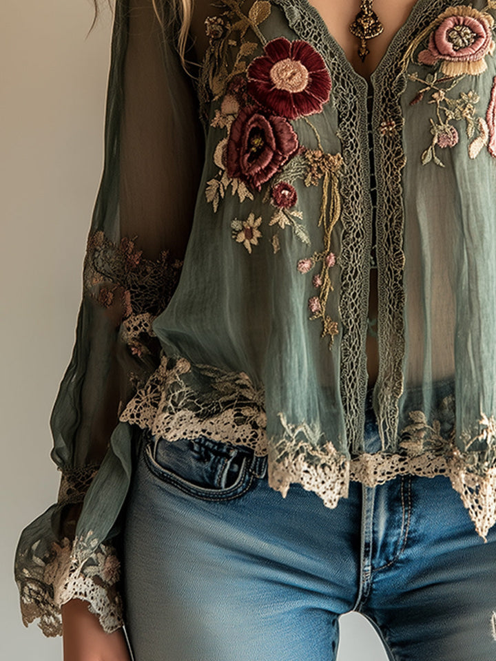 Women’s Blouse with Floral Embroidery and V-Neck