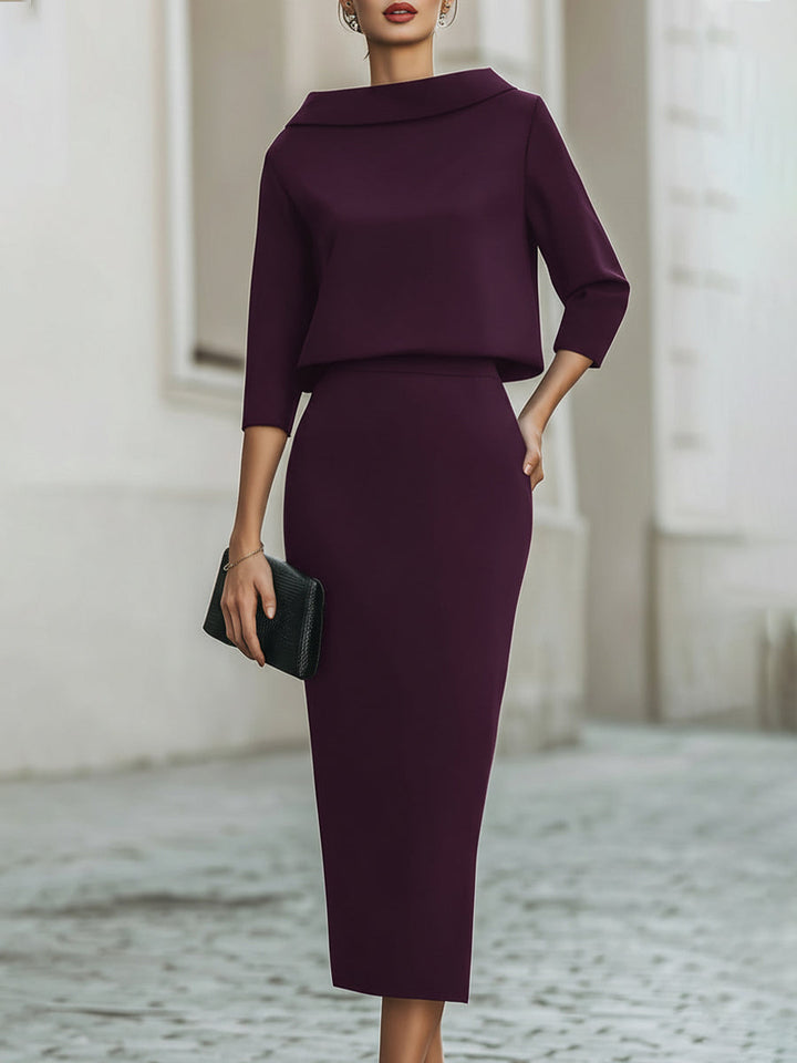 Women’s Boat Neck Top and Midi Skirt Set with Three-Quarter Sleeves