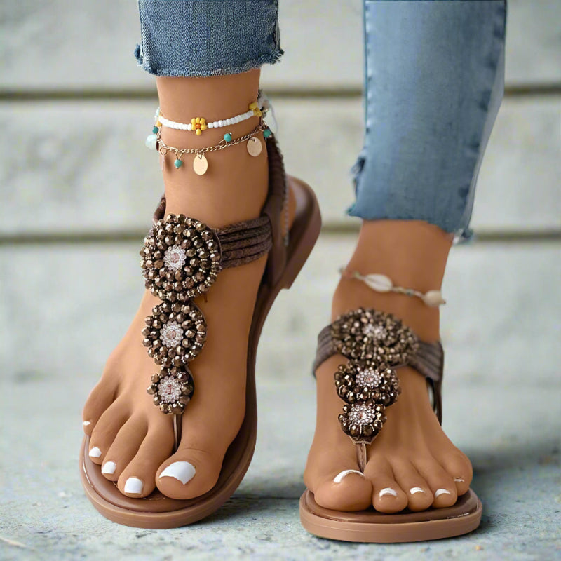 Women’s Bohemian Flat Sandals with Beads and Rhinestone
