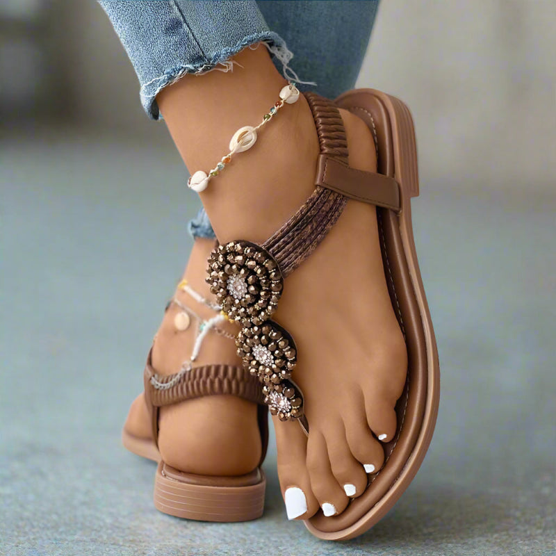 Women’s Bohemian Flat Sandals with Beads and Rhinestone