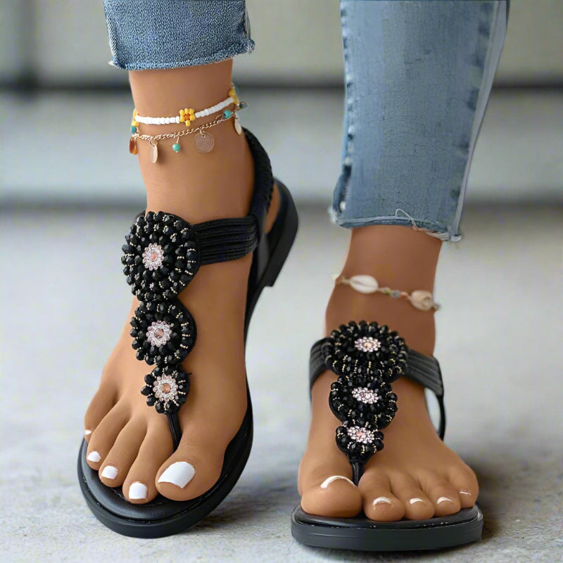 Women’s Bohemian Flat Sandals with Beads and Rhinestone