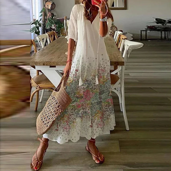 Women’s Bohemian Maxi Dress with Ethnic Print and Tie Neckline