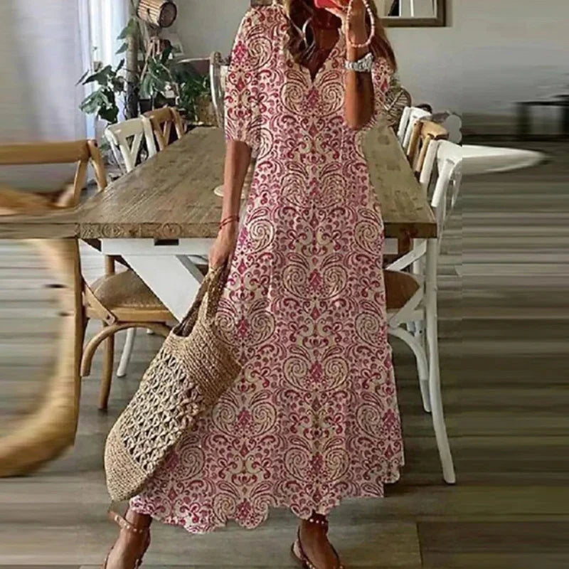 Women’s Bohemian Maxi Dress with Ethnic Print and Tie Neckline