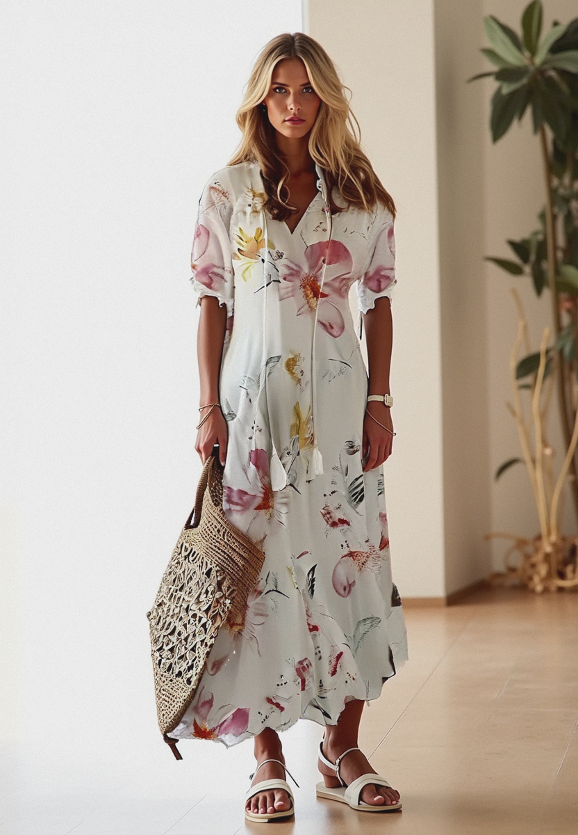 Women’s Bohemian Maxi Dress with V-Neck and Short Sleeves