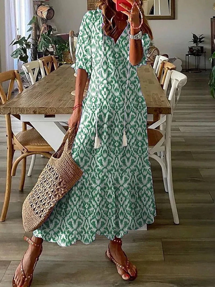 Women’s Bohemian Maxi Dress with V-Neck and Short Sleeves