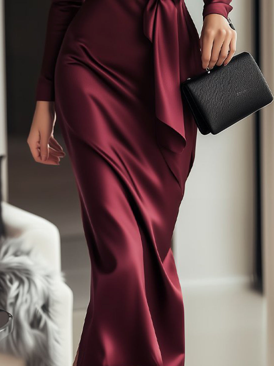 Women’s Burgundy Satin Wrap Dress with Waist Tie Detail
