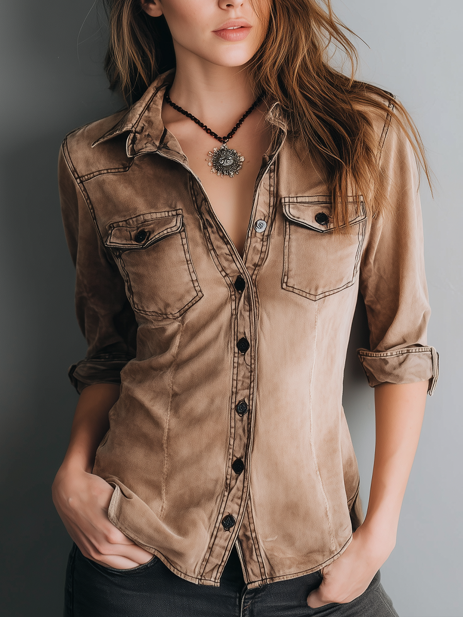 Women’s Button-Up Shirt with Contrast Stitching and Washed Design