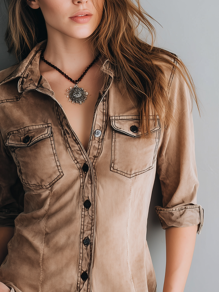 Women’s Button-Up Shirt with Contrast Stitching and Washed Design