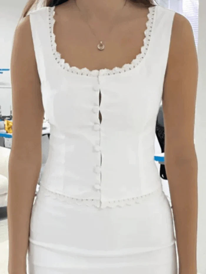 Women’s Button Front Tank Top with Lace Trim and Sleeveless Design