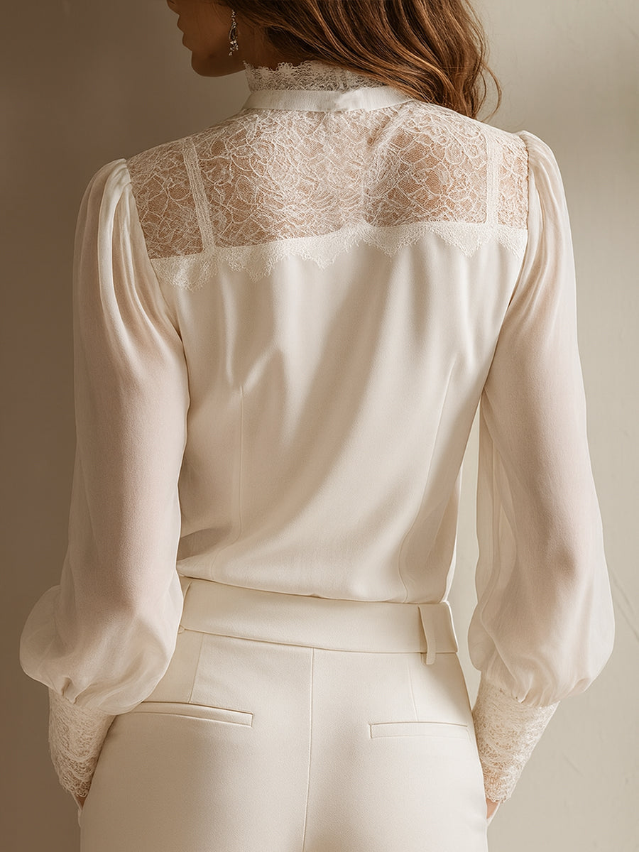Women’s Chiffon Blouse with Stand-up Collar and Lace Detailing