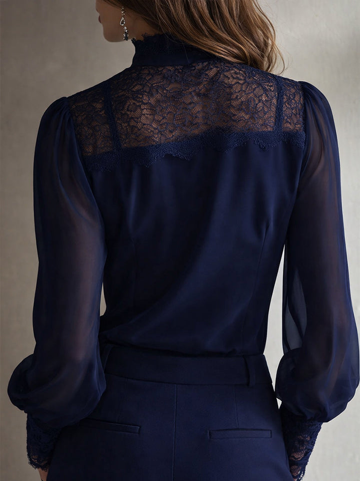 Women’s Chiffon Blouse with Stand-up Collar and Lace Detailing