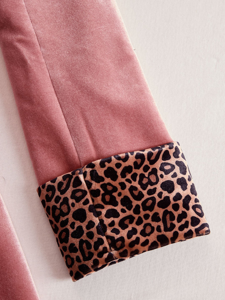 Womens Coat with Lapel Collar and Leopard Print Panels