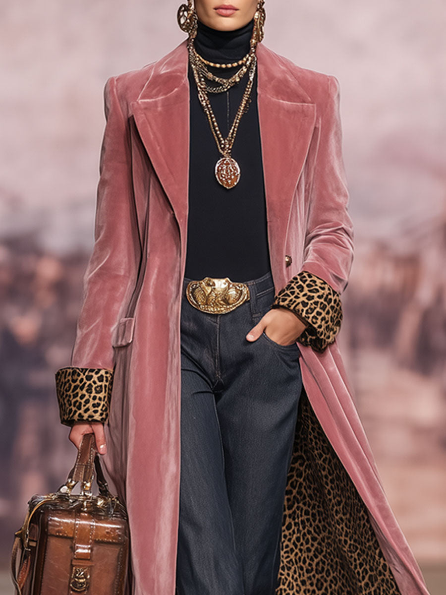 Womens Coat with Lapel Collar and Leopard Print Panels
