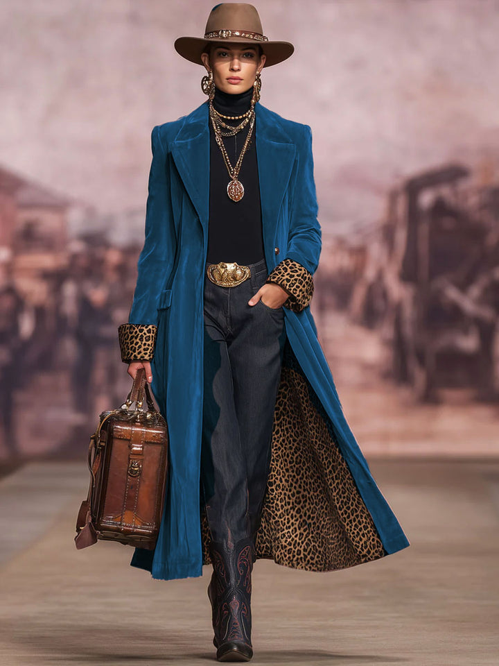 Womens Coat with Lapel Collar and Leopard Print Panels 
