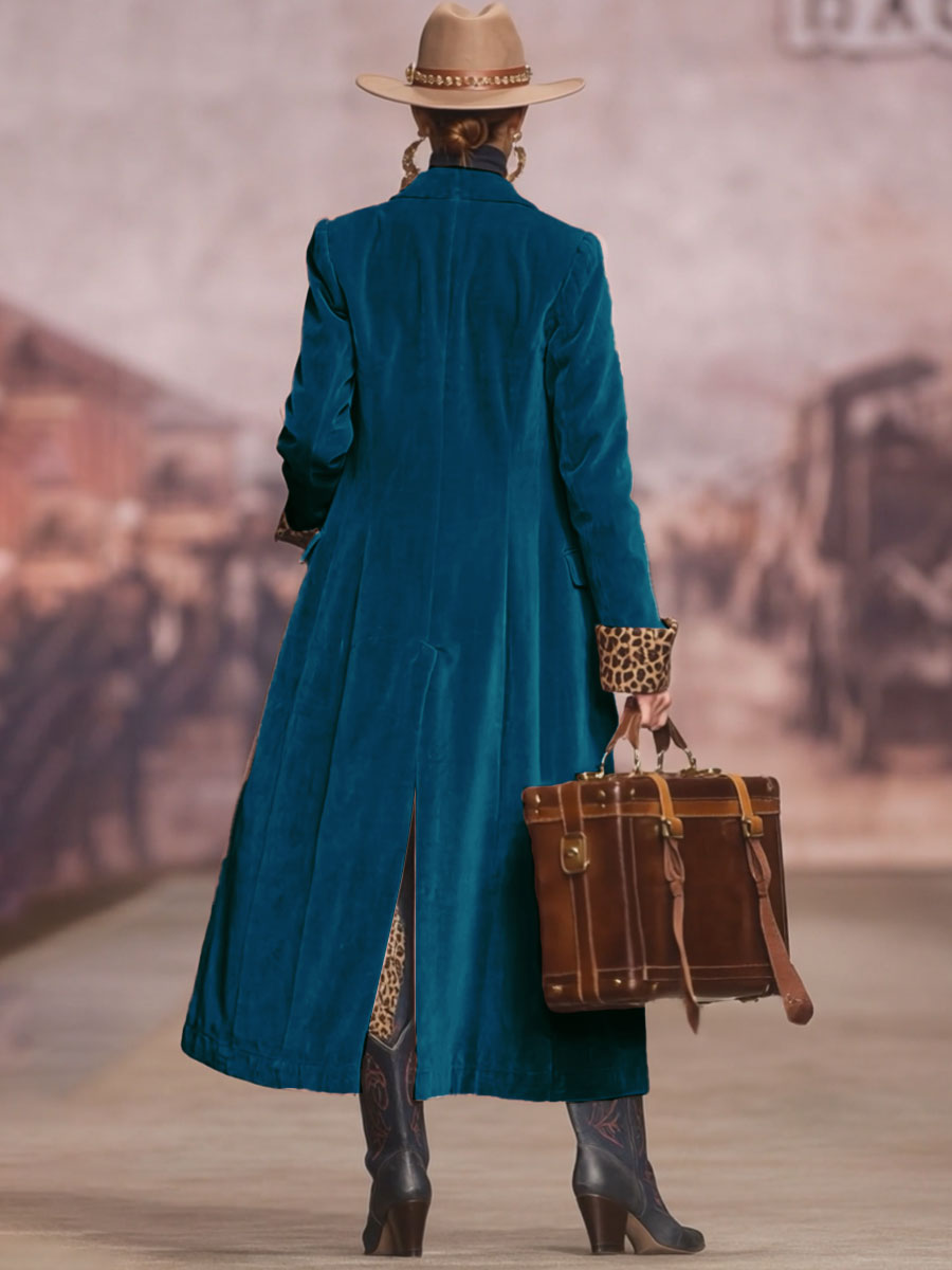 Womens Coat with Lapel Collar and Leopard Print Panels