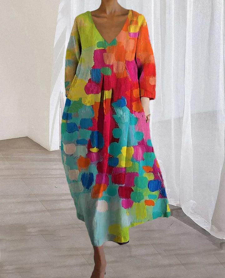 Women’s Colorful Printed Dress with V-Neck and Short Sleeves