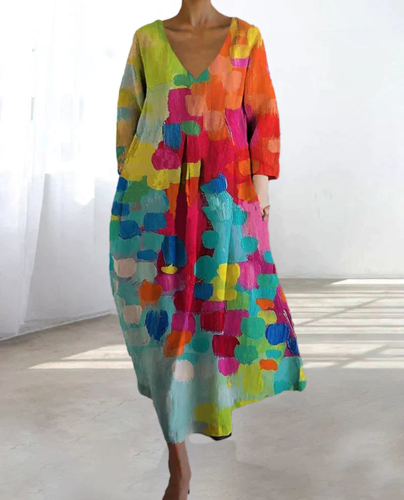 Women’s Colorful Printed Dress with V-Neck and Short Sleeves