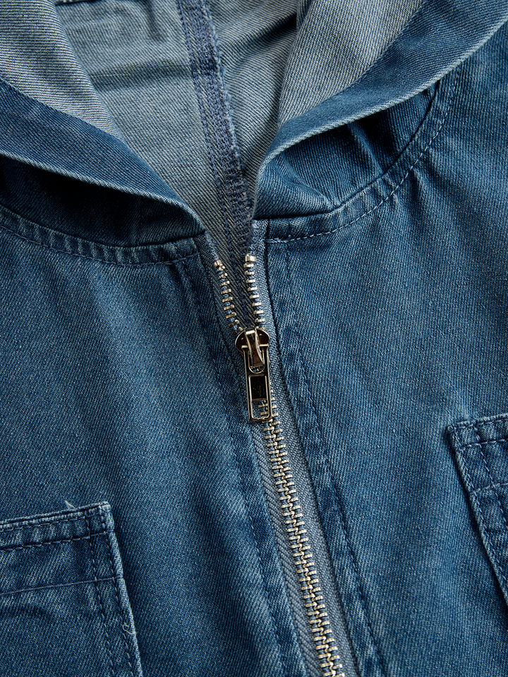 Women’s Denim Jumpsuit with Hooded Collar and Zipper Closure