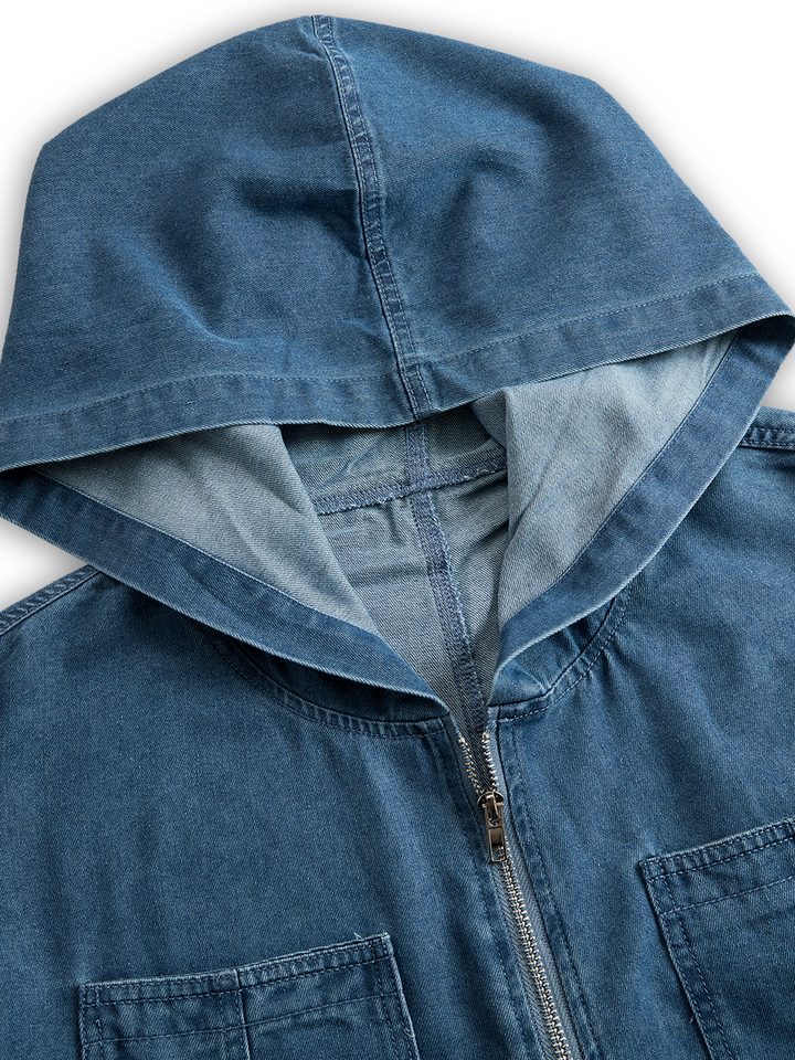 Women’s Denim Jumpsuit with Hooded Collar and Zipper Closure