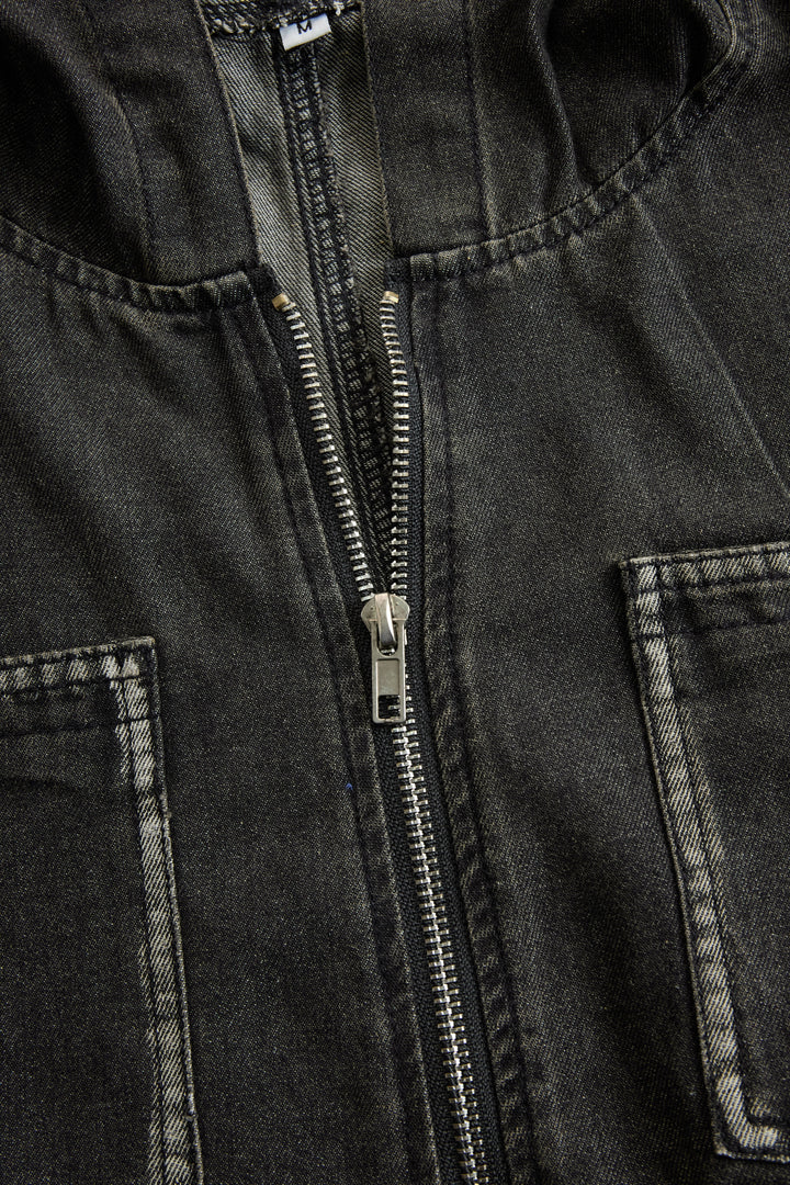 Women’s Denim Jumpsuit with Hooded Collar and Zipper Closure