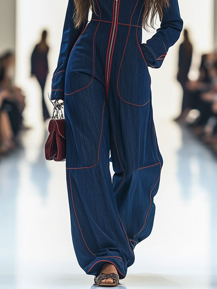 Women’s Denim Jumpsuit with Red Topstitching and Wide Legs