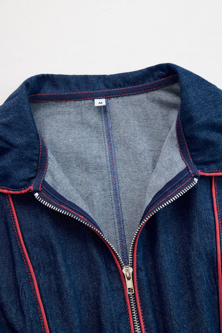 Women’s Denim Jumpsuit with Red Topstitching and Wide Legs