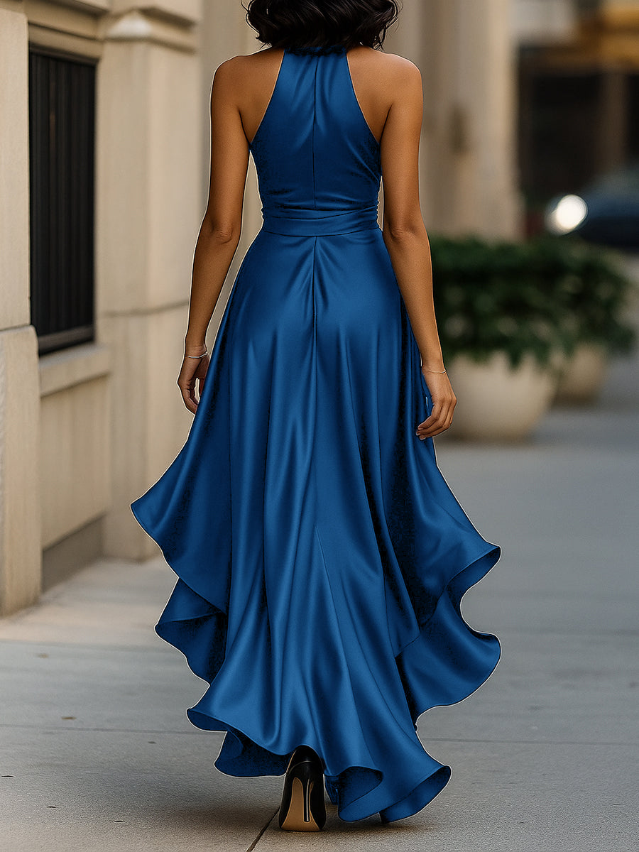 Women’s Dress Satin Gown with Halter Neckline and Ruffle Skirt
