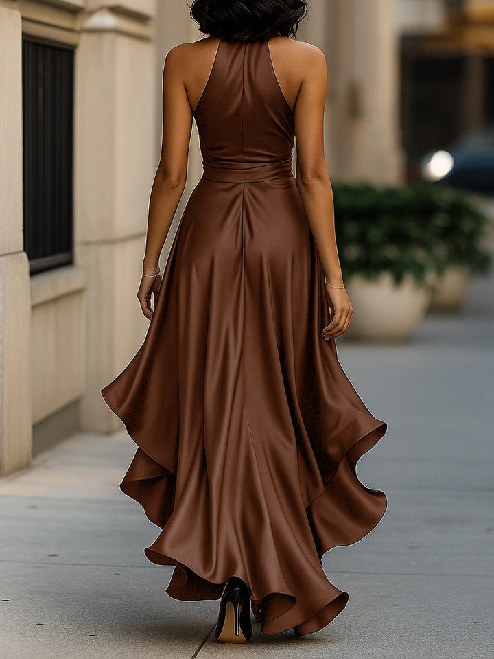 Women’s Dress Satin Gown with Halter Neckline and Ruffle Skirt