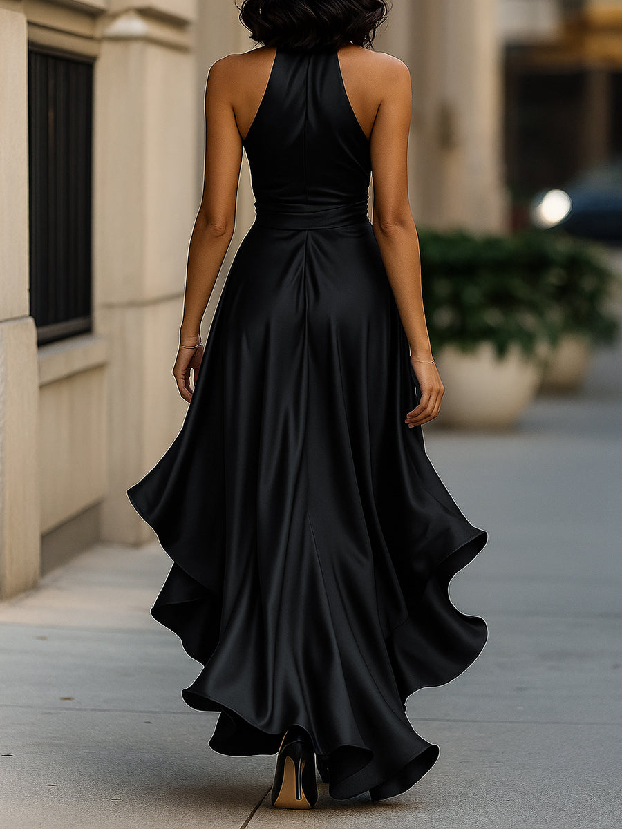 Women’s Dress Satin Gown with Halter Neckline and Ruffle Skirt