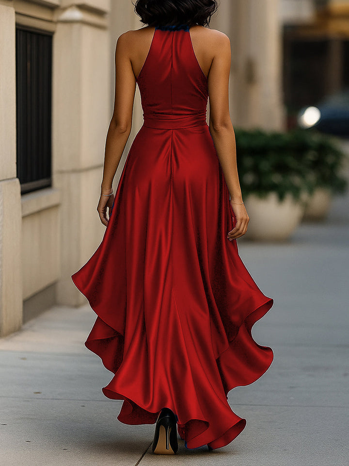 Women’s Dress Satin Gown with Halter Neckline and Ruffle Skirt