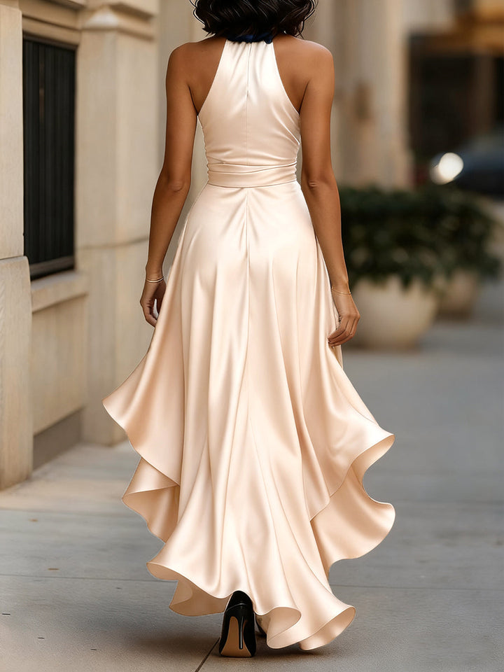 Women’s Dress Satin Gown with Halter Neckline and Ruffle Skirt