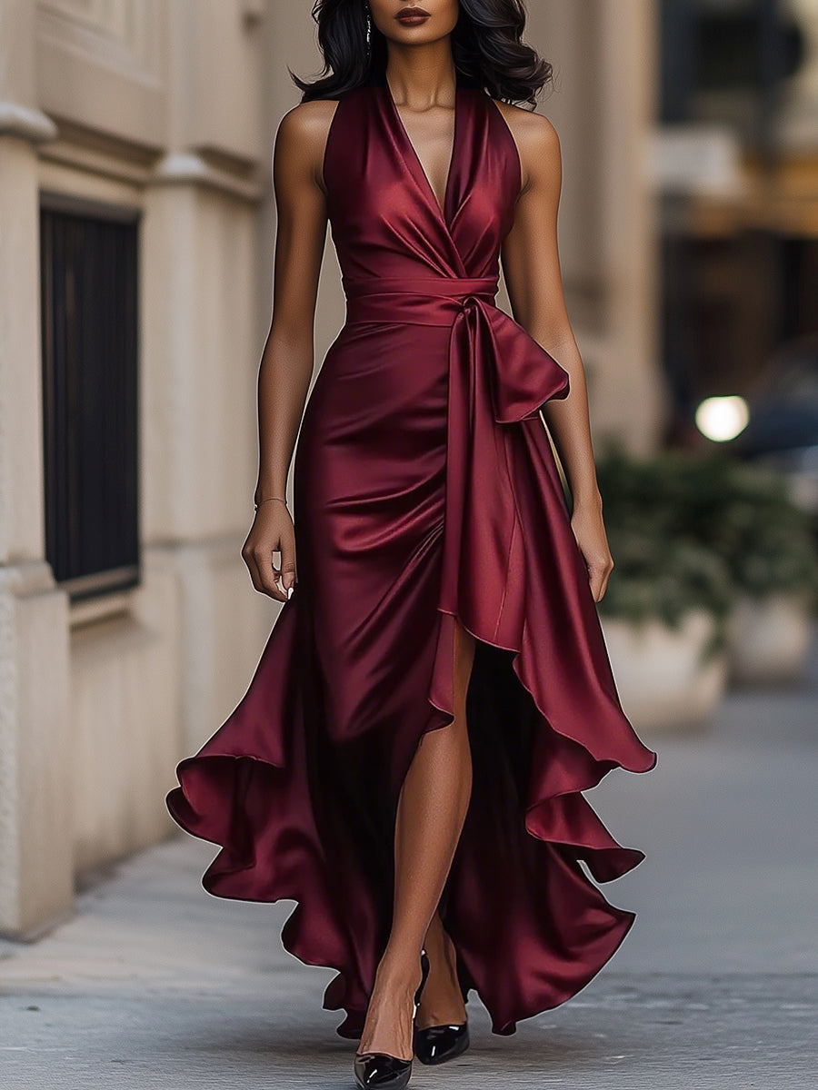 Women’s Dress Satin Gown with Halter Neckline and Ruffle Skirt