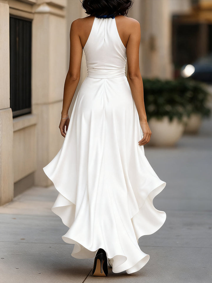 Women’s Dress Satin Gown with Halter Neckline and Ruffle Skirt