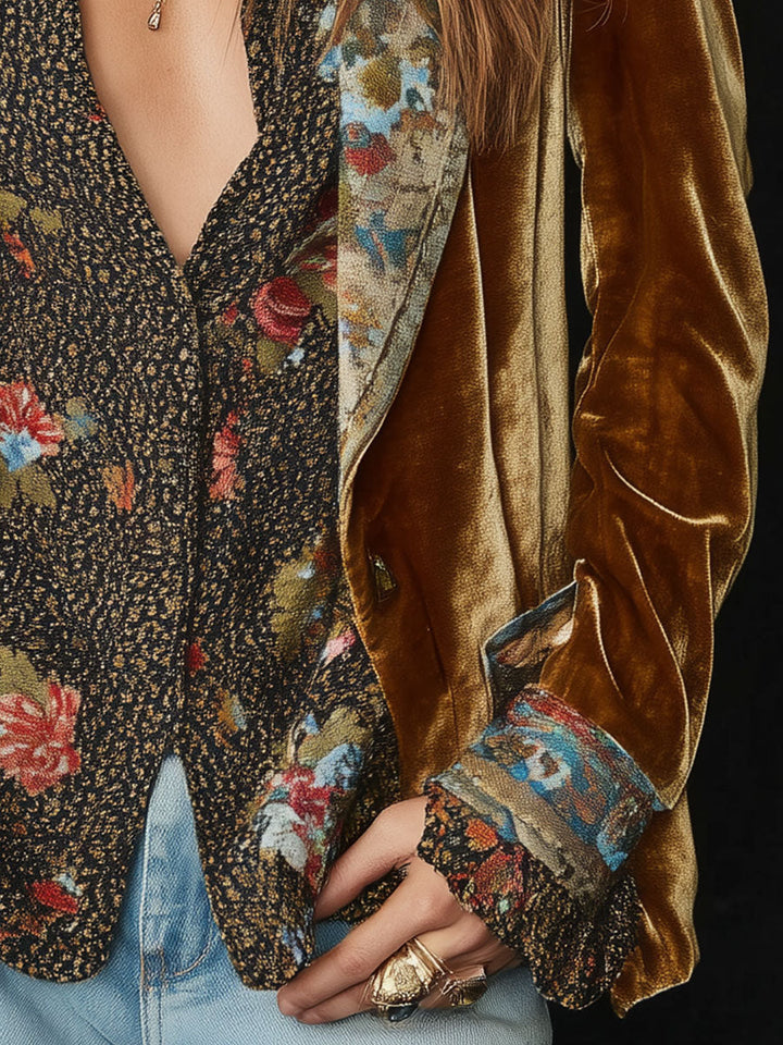 Women’s Floral Print Patchwork Blazer with Vintage Lapel