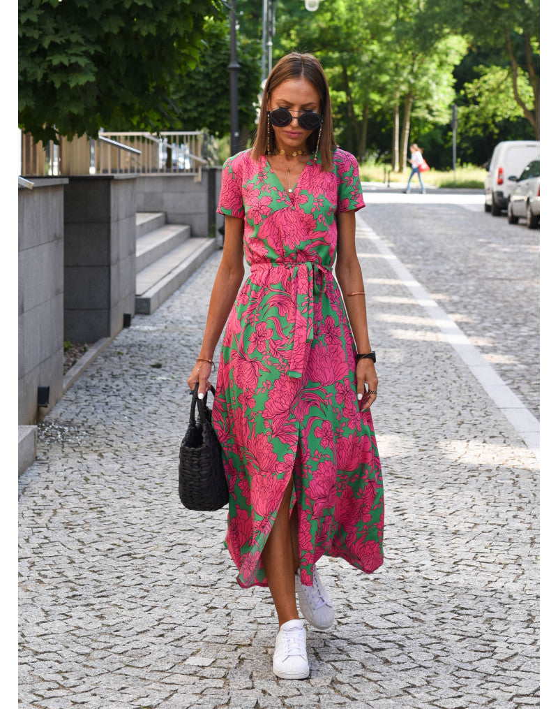 Women’s Floral Wrap Dress with V-Neck and Midi Length