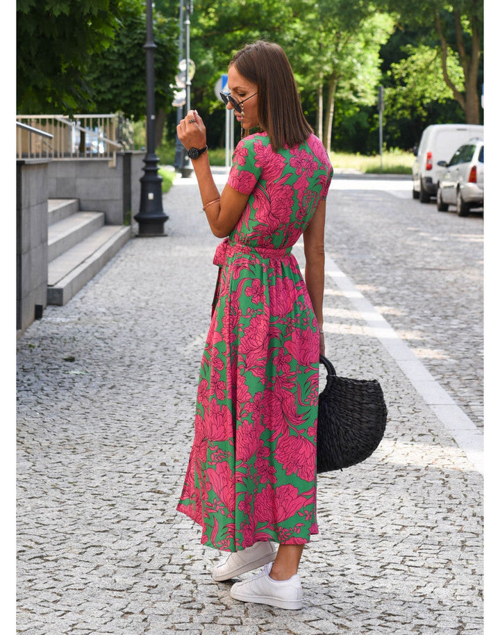 Women’s Floral Wrap Dress with V-Neck and Midi Length