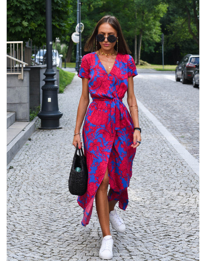 Women’s Floral Wrap Dress with V-Neck and Midi Length