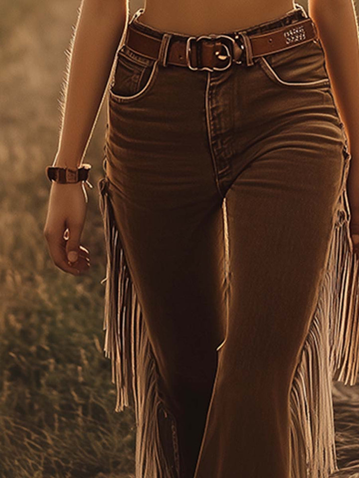 Women's Fringe Flared Jeans with Tassel Design and Loose Fit