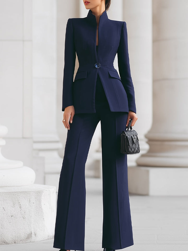 Women’s High-Collar Blazer &amp Wide-Leg Trousers Set with Button Closure