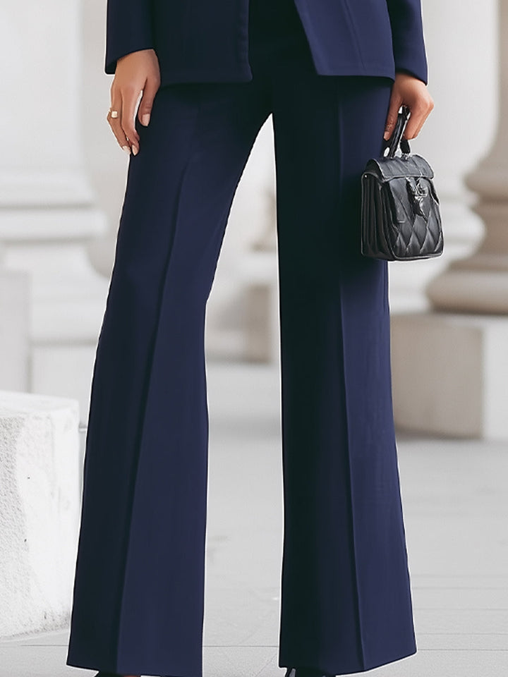 Women’s High-Collar Blazer &amp Wide-Leg Trousers Set with Button Closure