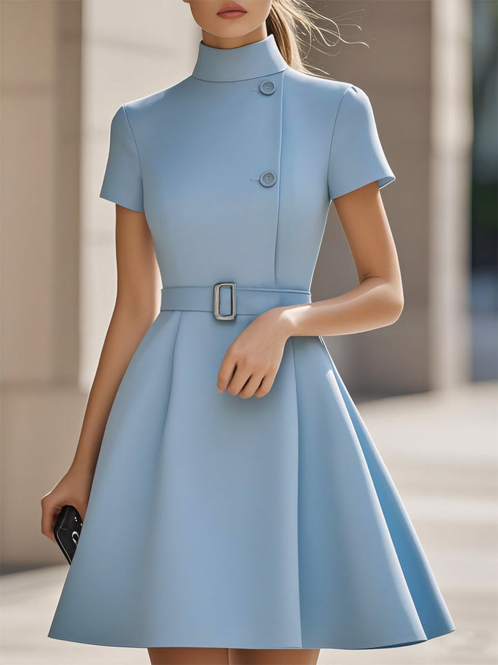 Women’s High-Neck Dress with Belted Waist and Full Skirt