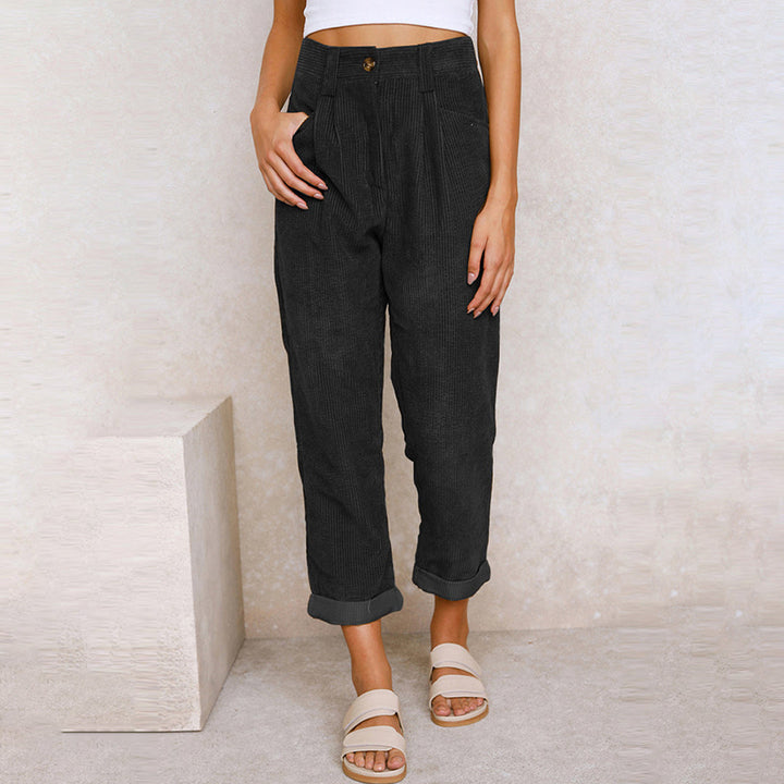 Women’s High-Waisted Corduroy Pants with Zipper Closure and Side Pockets