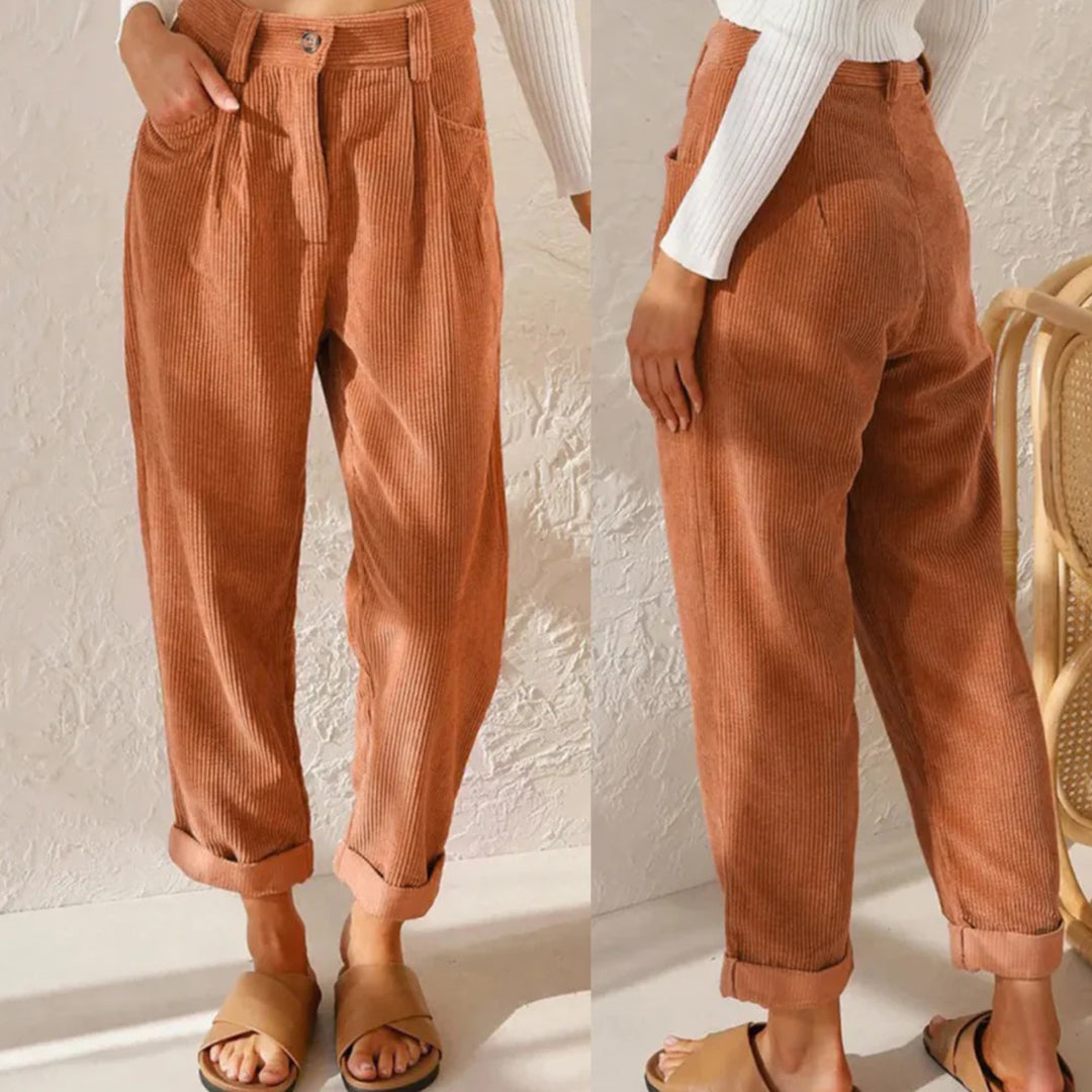 Women’s High-Waisted Corduroy Pants with Zipper Closure and Side Pockets