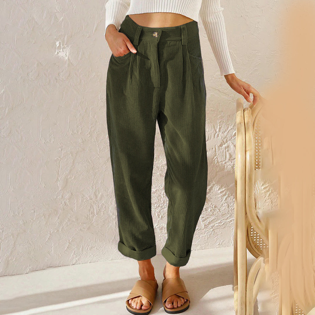 Women’s High-Waisted Corduroy Pants with Zipper Closure and Side Pockets