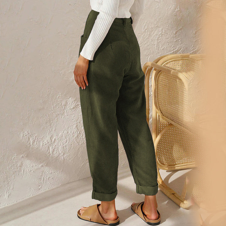 Women’s High-Waisted Corduroy Pants with Zipper Closure and Side Pockets
