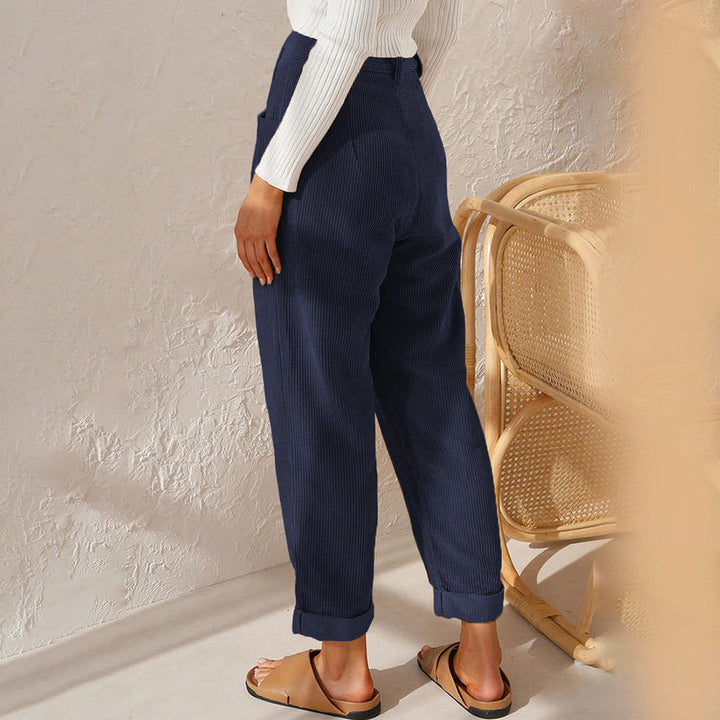 Women’s High-Waisted Corduroy Pants with Zipper Closure and Side Pockets