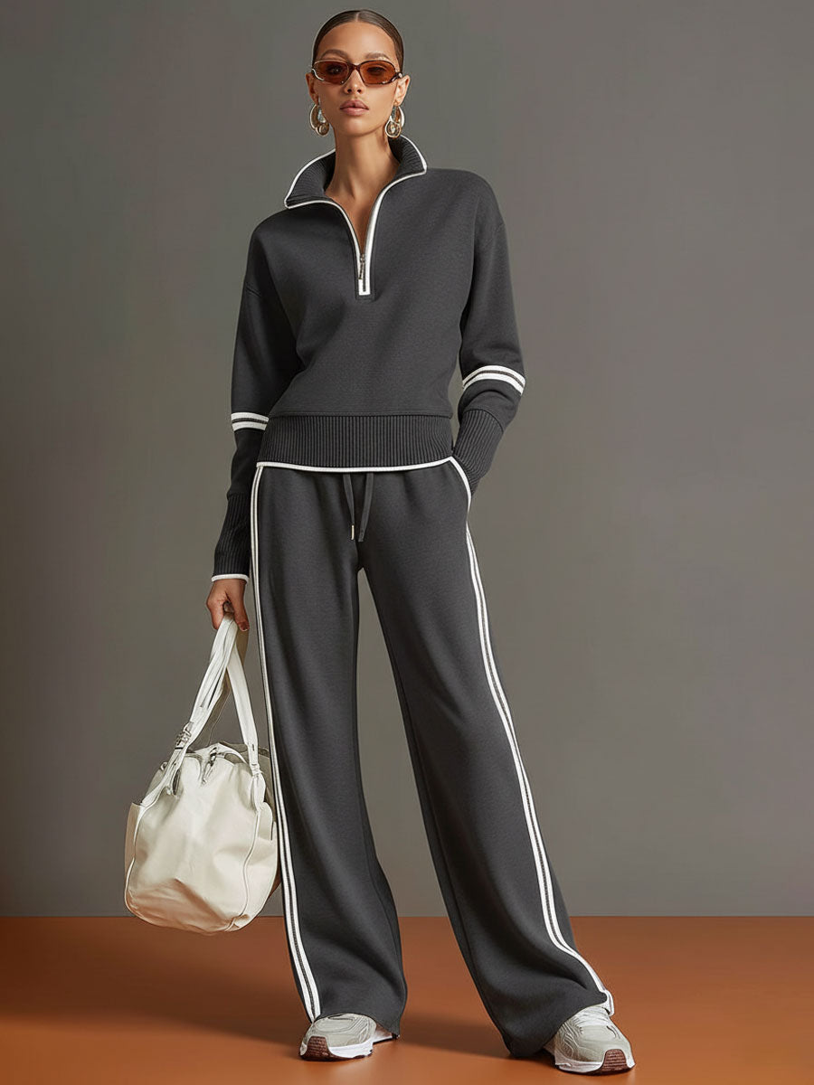 Women’s Jumper Wide-Leg Pants Set with Half-Zip and Webbing Detail