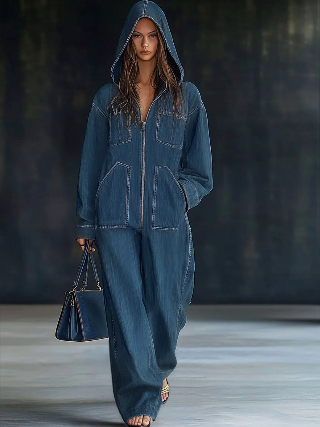 Womens Jumpsuit with Hooded Collar and Zipper Closure