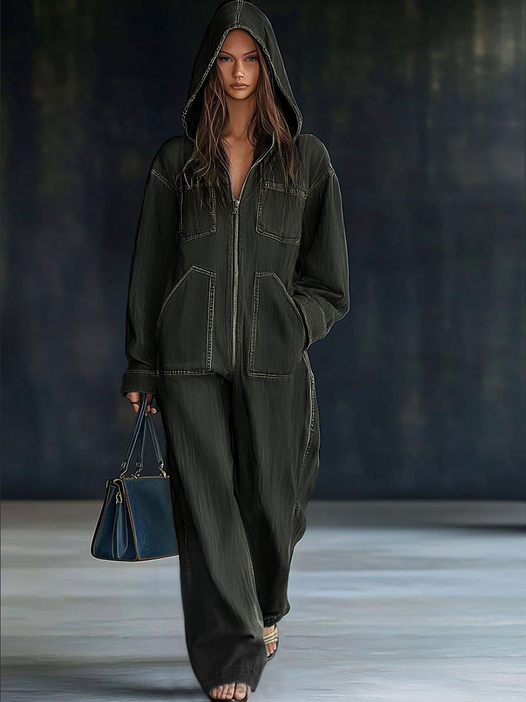 Women’s Denim Jumpsuit with Hooded Collar and Zipper Closure