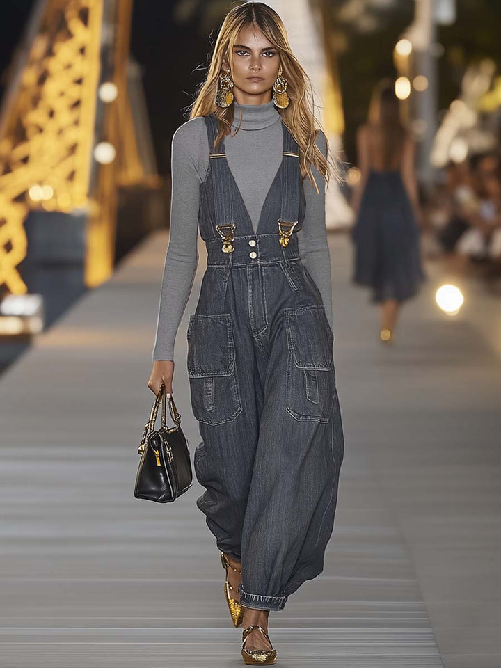Women’s Jumpsuit with V-Neckline and Adjustable Suspender Straps